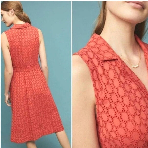 Anthropologie Elm Burnt Orange Eyelet Fit and Flare Sleeveless Midi Dress Size 2 - Picture 9 of 16